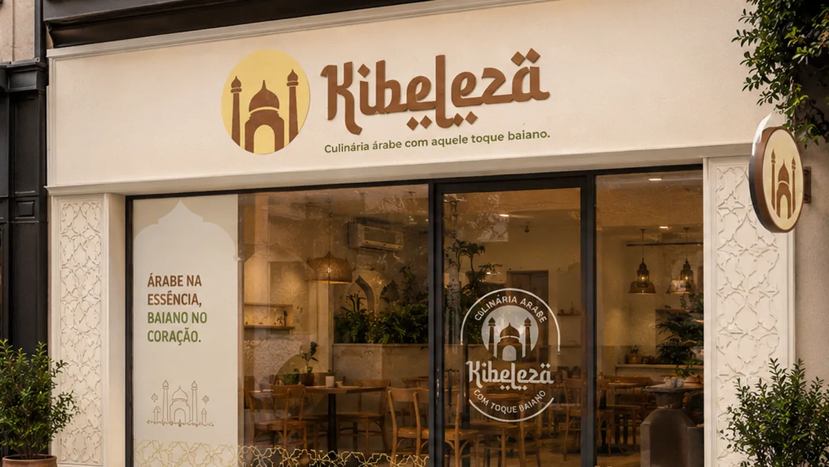 Fachada do restaurante Kibeleza com o letreiro da marca e a assinatura “Culinária árabe com aquele toque baiano”