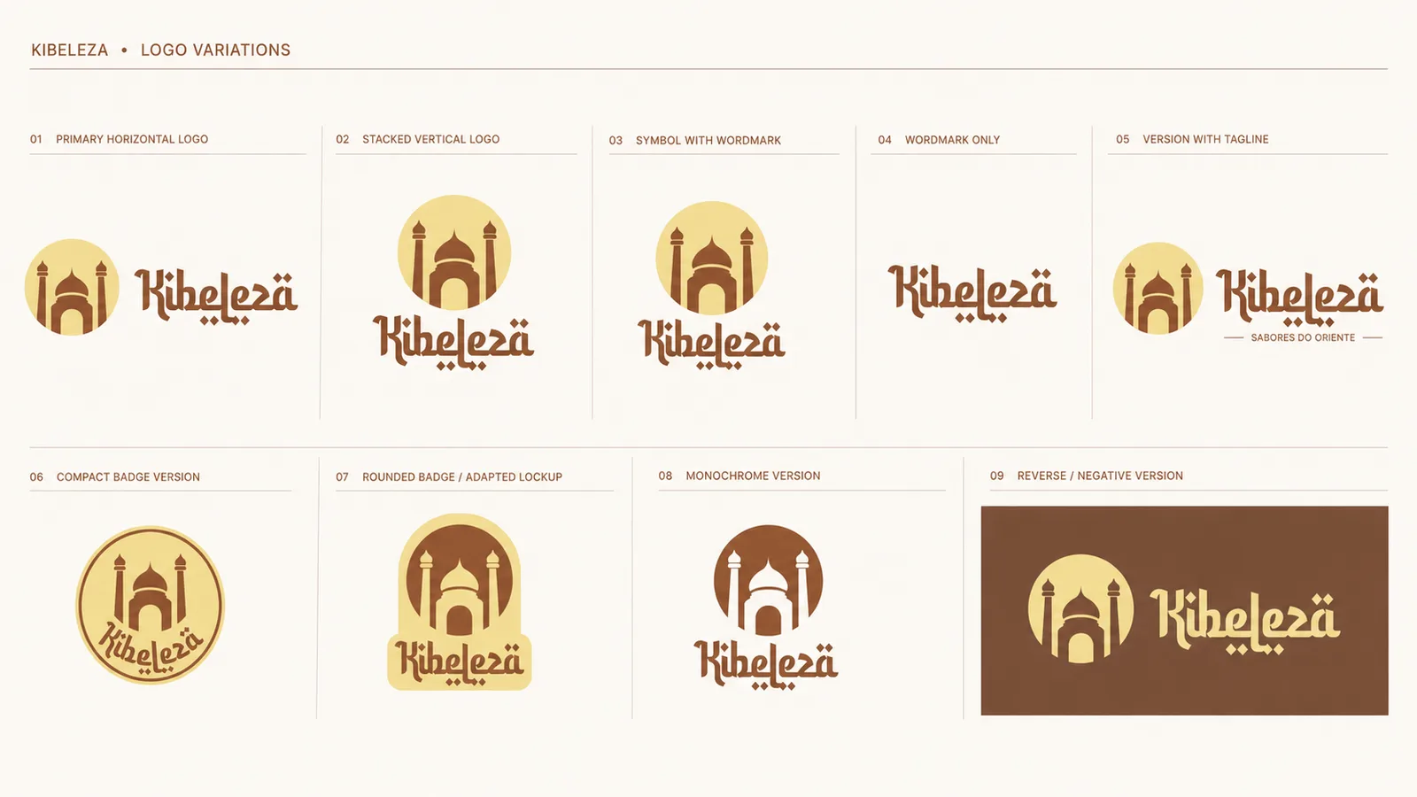 Variações oficiais do logotipo Kibeleza: primária horizontal, vertical empilhada, símbolo com wordmark, apenas wordmark, versão com a assinatura “Sabores do Oriente”, selo compacto, lockup arredondado, versão monocromática e versão negativa sobre marrom