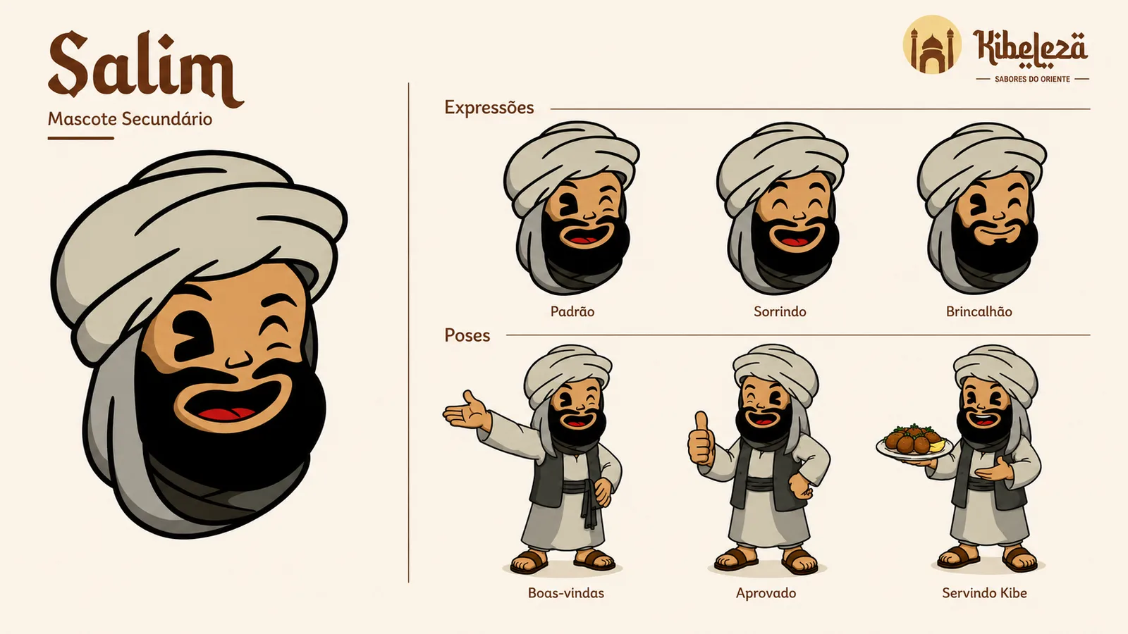 Salim, mascote secundário da marca Kibeleza, em diferentes poses e expressões: retrato principal, expressões padrão, sorrindo e brincalhão, e poses de boas-vindas, aprovado e servindo kibe