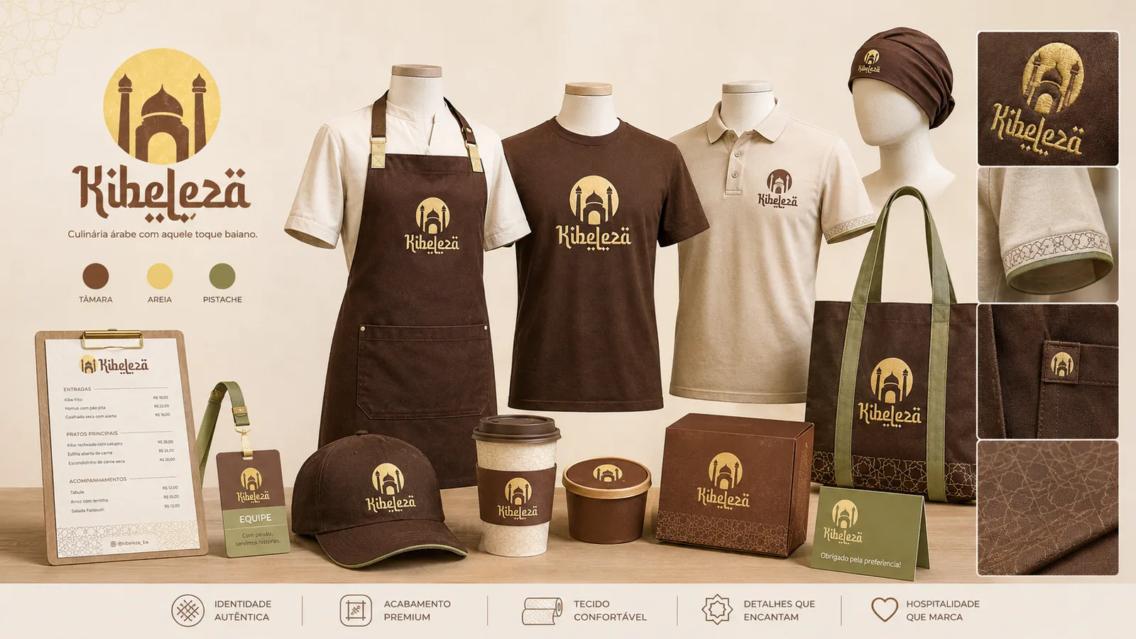 Aplicações da identidade visual Kibeleza em uniformes: avental marrom, camiseta, camisa polo areia, bandana, boné, tote bag com alça pistache, crachá da equipe, cardápio em prancheta e detalhes de bordado do símbolo