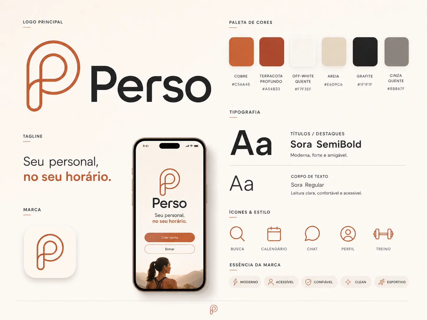 Paleta de cores, tipografia, iconografia e essência visual da marca Perso: logo principal, tagline, ícone do aplicativo, seis amostras de cor com códigos, tipografia Sora SemiBold e Regular, ícones de busca, calendário, chat, perfil e treino